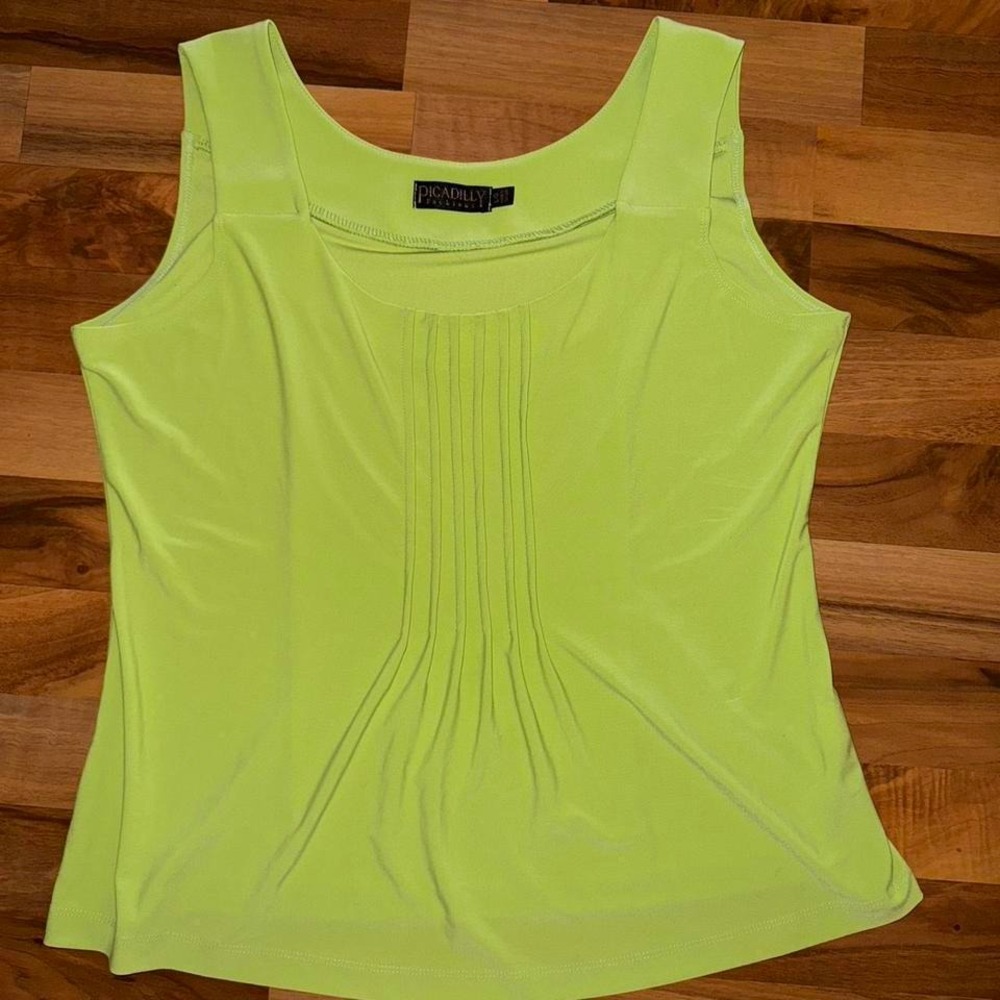 Vintage green tank top sleevless pleated scoop neck neon large summer vacation